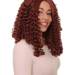 HPO Womens 18th Century Colonial Lady Curly Wig | Auburn Historical Wig | Premium Breathable Capless Cap