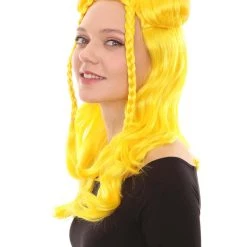 HPO Womens Long Braided Bun Wig | Bright Yellow Wig | Premium Breathable Capless Cap