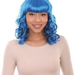 HPO Men's Blue Wavy Womens Wig | Medium Curly Cosplay Halloween Wig | Premium Breathable Capless Cap