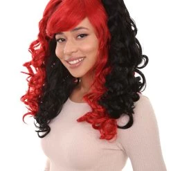 HPO Black And Red Jester Womens Wig | Long Curly Cosplay Halloween Wig | Premium Breathable Capless Cap Women's