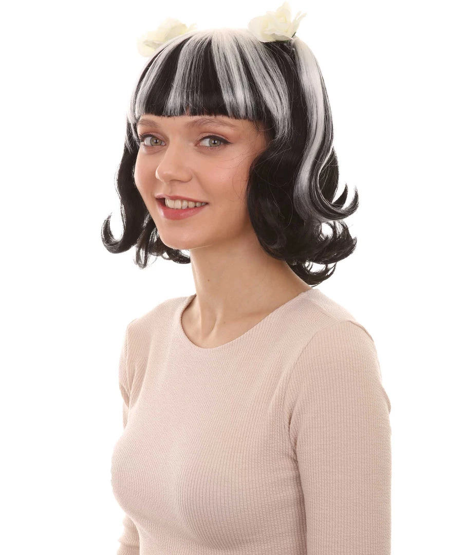 HPO Womens Gothic Pigtail Ghost Witch Bride Zombie Wig With Rose | Two Tones Black And Grey Scary Wigs | Premium Breathable Capless Cap Women's 2 HPO Womens Gothic Pigtail Ghost Witch Bride Zombie Wig With Rose | Two Tones Black And Grey Scary Wigs | Premium Breathable Capless Cap Women's