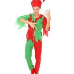 HPO Adult Men's Elf Christmas Costume | Red And Green Halloween Costume