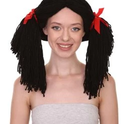 HPO Women's Gothic Rag Doll Womens Wig | Horror Halloween Wig With Red Ribbon | Premium Breathable Capless Cap
