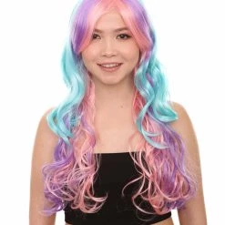 HPO Long Colorful Curly Wave Cosplay Womens Wig | Crazy Colorful Stage/Event Fancy Wig | Premium Breathable Capless Cap