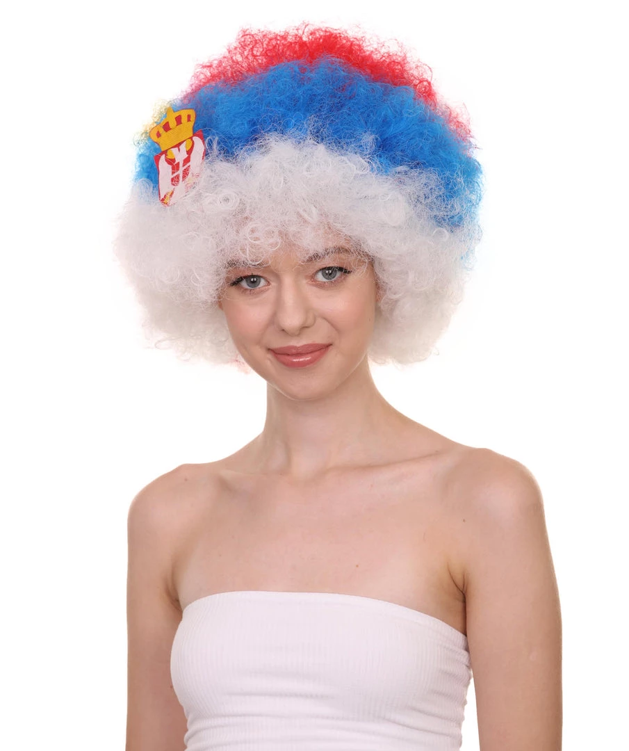 FLAGWIGS Serbia Flag Sport Afro Wig | Jumbo Super Size White Blue Red Wig Women's 1 FLAGWIGS Serbia Flag Sport Afro Wig | Jumbo Super Size White Blue Red Wig Women's