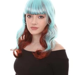 HPO Women's Long Wavy Blue & Brown Womens Wig | Fancy Party Event Ready Halloween Wig | Premium Breathable Capless Cap