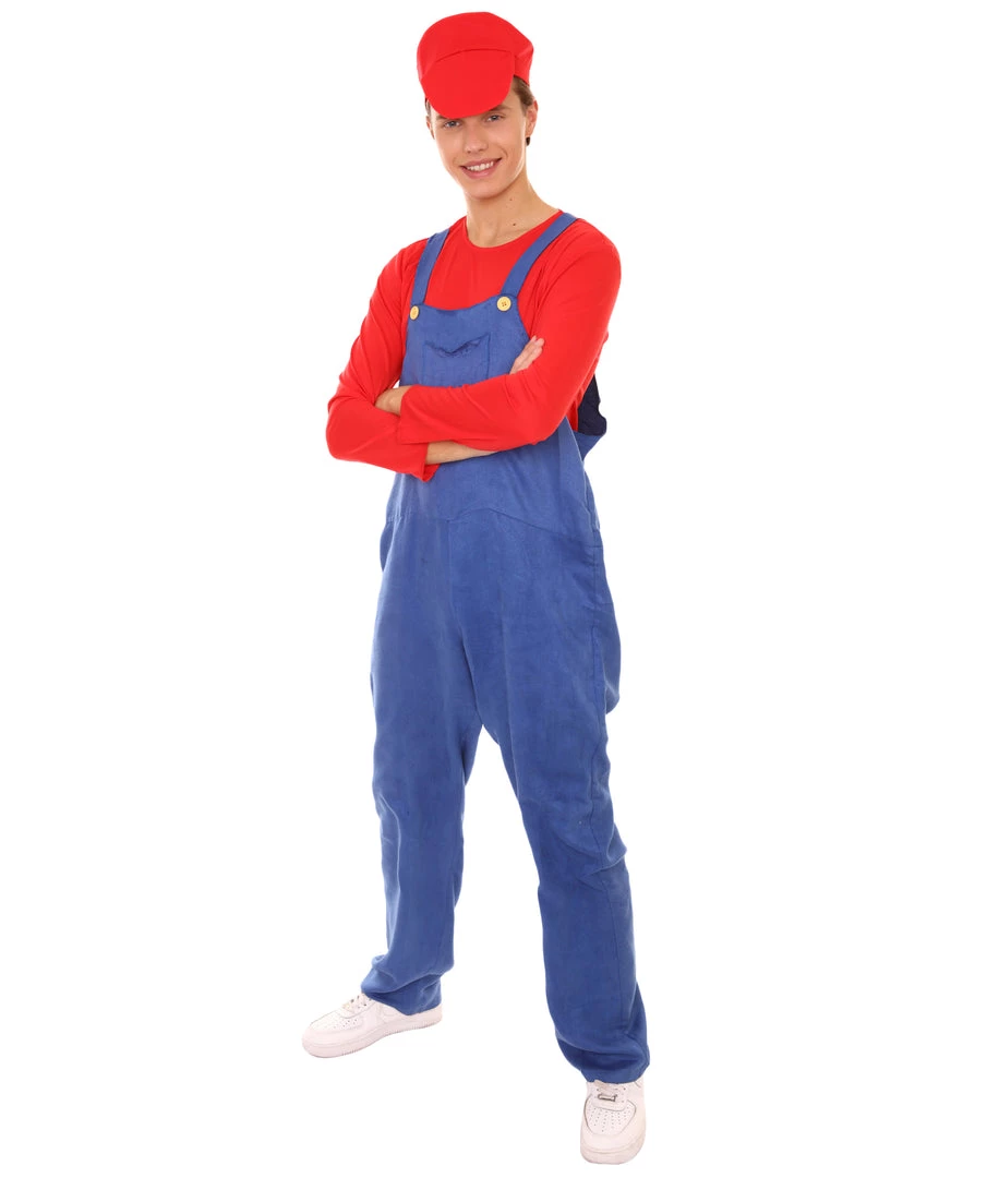 HPO Adult Men's Red Plumber Costume | Red And Blue Halloween Costume 1 HPO Adult Men's Red Plumber Costume | Red And Blue Halloween Costume