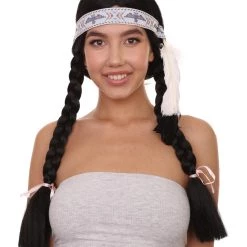 HPO Native American Princess Wig With Headband | Black Braided Historical Wigs | Premium Breathable Capless Cap Women's