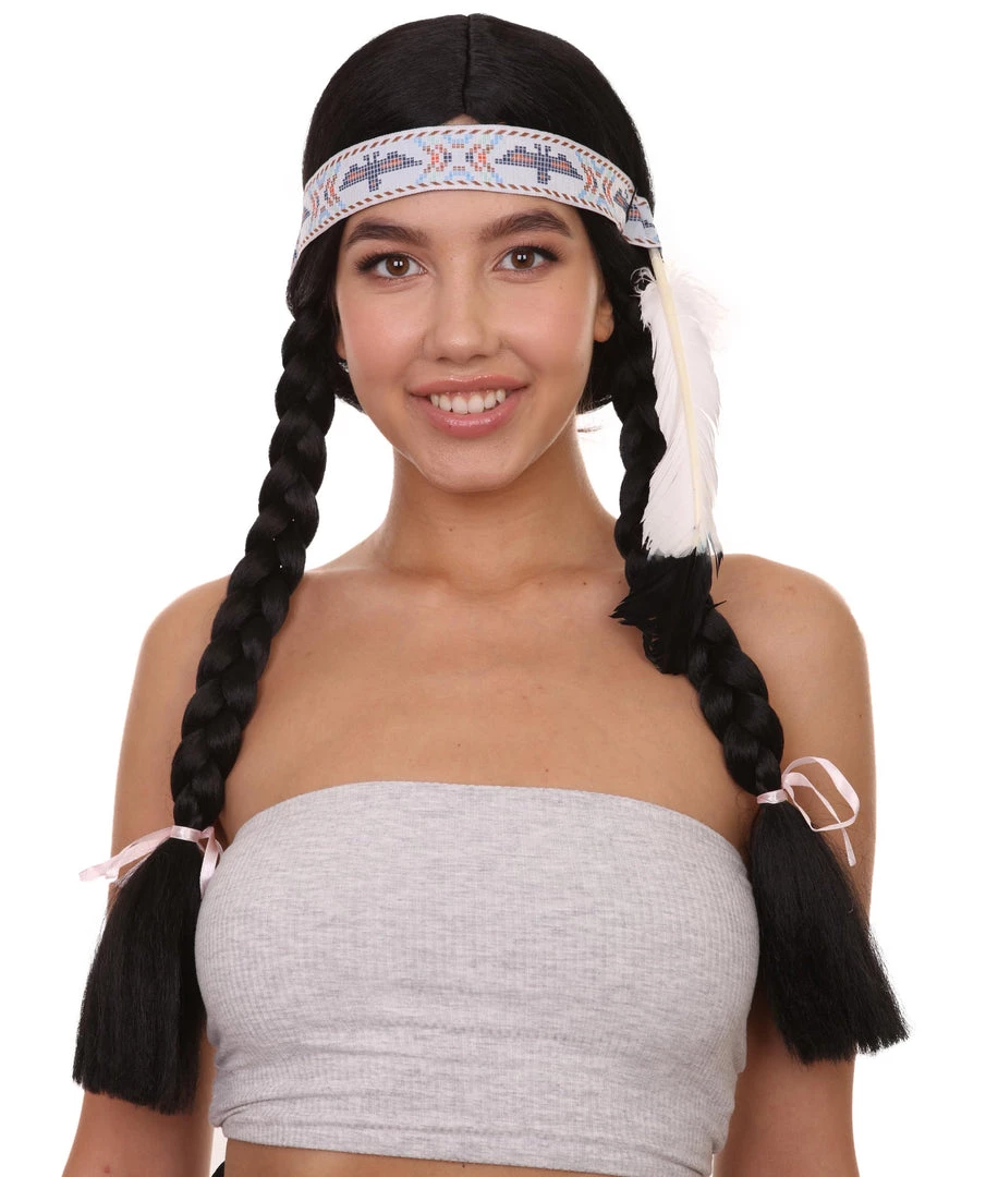 HPO Native American Princess Wig With Headband | Black Braided Historical Wigs | Premium Breathable Capless Cap Women's 1 HPO Native American Princess Wig With Headband | Black Braided Historical Wigs | Premium Breathable Capless Cap Women's