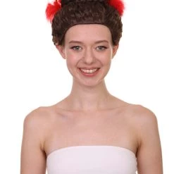 HPO Women Curly Top Bun With Red Lace Wig Dark Brown | Premium Breathable Capless Cap