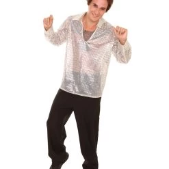 HPO Adult Men's 70's Disco Sequin Shirt Costume | White Vintage Cosplay Costume
