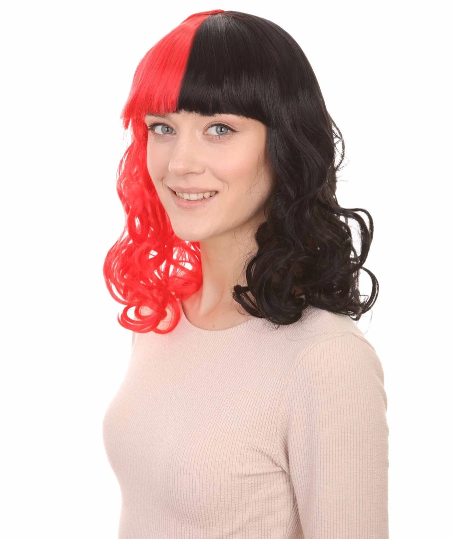 HPO Half Red And Half Black Long Curly Anime Womens Wigs | Cartoon Stage/Event Fancy Halloween Wig | Premium Breathable Capless Cap Women's 2 HPO Half Red And Half Black Long Curly Anime Womens Wigs | Cartoon Stage/Event Fancy Halloween Wig | Premium Breathable Capless Cap Women's