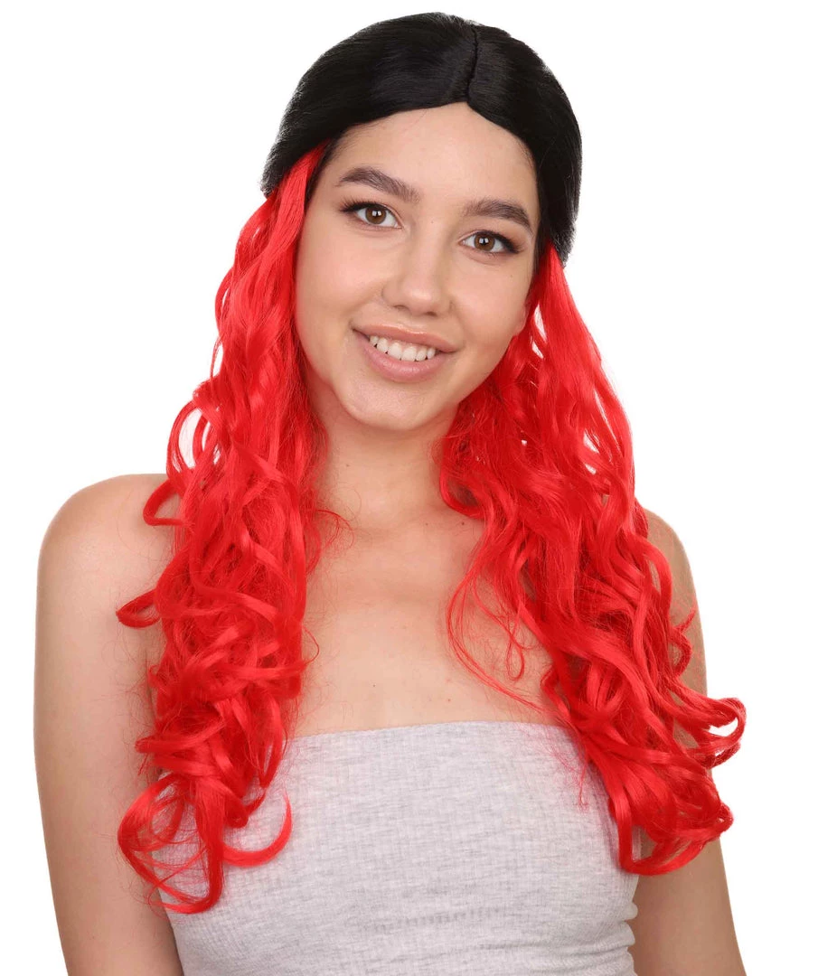 HPO Black And Red Long Wavy Womens Wig | Cosplay Halloween Wig | Premium Breathable Capless Cap 1 HPO Black And Red Long Wavy Womens Wig | Cosplay Halloween Wig | Premium Breathable Capless Cap