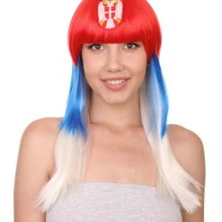 FLAGWIGS Women's Serbia Flag Sport Party Long Bob Wig | Red Blue White Wig | Premium Breathable Capless Cap