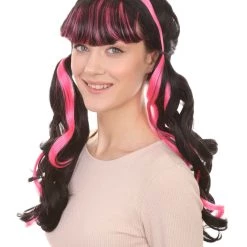 HPO Womens Dracula Ponytails Curly Wig | Black & Pink TV/Movie Wigs | Premium Breathable Capless Cap Women's