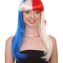 FLAGWIGS Panama Flag Sport Party Long Bob Wig | National Pride White Red Blue Wig | Premium Breathable Capless Cap Women's