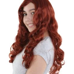 HPO Men's Womens Dark Auburn Seductress Style Wig | Long Wavy Cosplay Halloween Wig | Premium Breathable Capless Cap