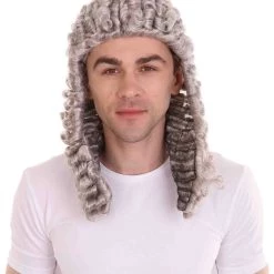 HPO Mens Colonial Curly Grey Historical Judge Wig | Premium Breathable Capless Cap Men's