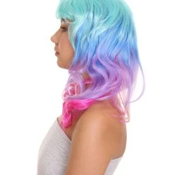 HPO Women's Shoulder Length Wavy Bisexual Flag Multi Color Wig - Pink, Purple And Blue Color Hair - Capless Cap Design