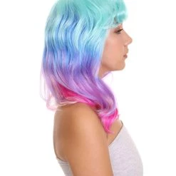 HPO Women's Shoulder Length Wavy Bisexual Flag Multi Color Wig - Pink, Purple And Blue Color Hair - Capless Cap Design