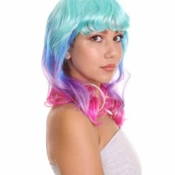 HPO Women's Shoulder Length Wavy Bisexual Flag Multi Color Wig - Pink, Purple And Blue Color Hair - Capless Cap Design