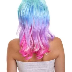 HPO Women's Shoulder Length Wavy Bisexual Flag Multi Color Wig - Pink, Purple And Blue Color Hair - Capless Cap Design