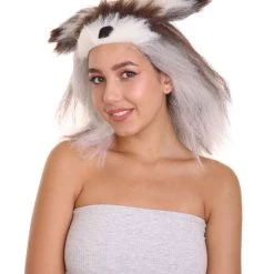 HPO Furry Dog Collection | Women's White And Brown Straight Furry Dog Costume Cosplay Wig | Premium Breathable Capless Cap