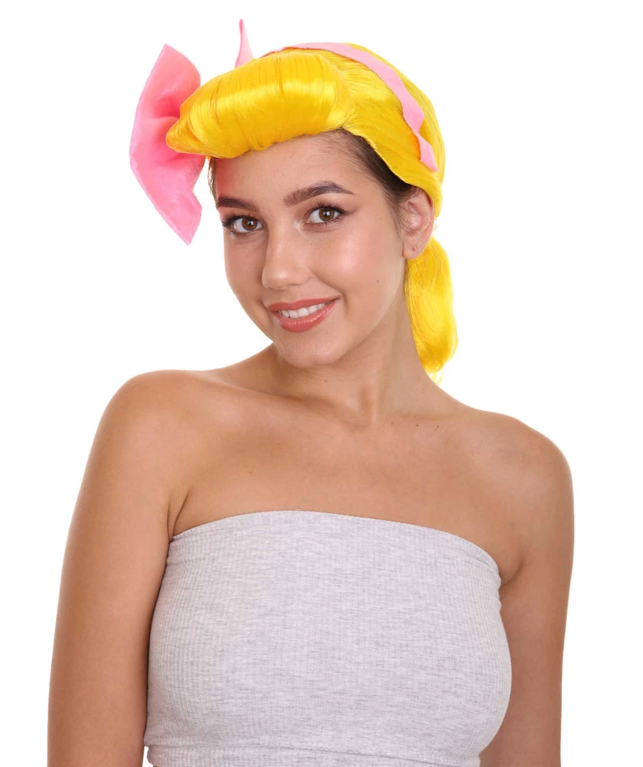 HPO Women's Animation Style Wig With Bow | Yellow Wigs | Premium Breathable Capless Cap 1 HPO Women's Animation Style Wig With Bow | Yellow Wigs | Premium Breathable Capless Cap