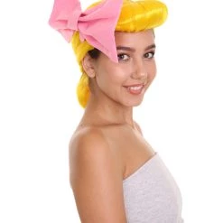 HPO Women's Animation Style Wig With Bow | Yellow Wigs | Premium Breathable Capless Cap 16 HPO Women's Animation Style Wig With Bow | Yellow Wigs | Premium Breathable Capless Cap