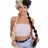 Women's HPO Mini Bun Halo With Two Tone Pigtails And Sky Blue Ribbons - Babydoll Blonde And Black Bubble Ponytails Wig