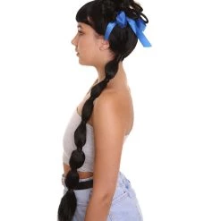 Women's HPO Mini Bun Halo With Two Tone Pigtails And Sky Blue Ribbons - Babydoll Blonde And Black Bubble Ponytails Wig