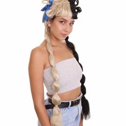 Women's HPO Mini Bun Halo With Two Tone Pigtails And Sky Blue Ribbons - Babydoll Blonde And Black Bubble Ponytails Wig