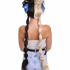Women's HPO Mini Bun Halo With Two Tone Pigtails And Sky Blue Ribbons - Babydoll Blonde And Black Bubble Ponytails Wig