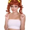 HPO Women's Shoulder Length Red Head Pigtails With Yellow Ribbons Wig | Premium Breathable Capless Cap
