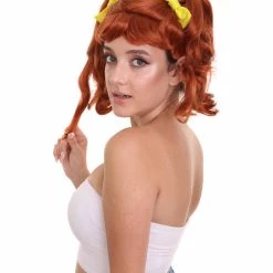 HPO Women's Shoulder Length Red Head Pigtails With Yellow Ribbons Wig | Premium Breathable Capless Cap