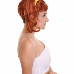 HPO Women's Shoulder Length Red Head Pigtails With Yellow Ribbons Wig | Premium Breathable Capless Cap