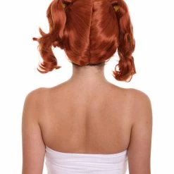 HPO Women's Shoulder Length Red Head Pigtails With Yellow Ribbons Wig | Premium Breathable Capless Cap