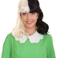 HPO Women's Shoulder Length Contrasting Two Tone Cruel And Evil Wig - Pure White And Jet Black Hair - Capless Cap Design