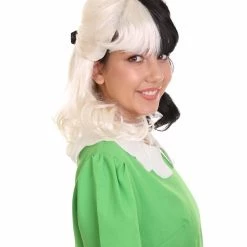 HPO Women's Shoulder Length Contrasting Two Tone Cruel And Evil Wig - Pure White And Jet Black Hair - Capless Cap Design
