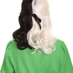 HPO Women's Shoulder Length Contrasting Two Tone Cruel And Evil Wig - Pure White And Jet Black Hair - Capless Cap Design