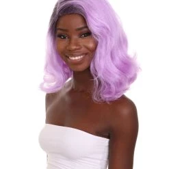 HPO Women's Shoulder Length Electric Purple Fashion Blogger Wig - Purple Hair With Dark Roots - Capless Cap Design