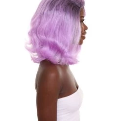 HPO Women's Shoulder Length Electric Purple Fashion Blogger Wig - Purple Hair With Dark Roots - Capless Cap Design