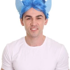 HPO Men's Medium Length Middle Part Blue Straight Wig With Blue Ears