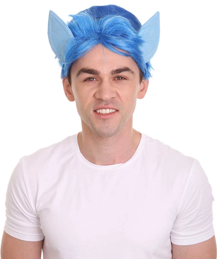 HPO Men's Medium Length Middle Part Blue Straight Wig With Blue Ears 2 HPO Men's Medium Length Middle Part Blue Straight Wig With Blue Ears