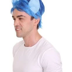 HPO Men's Medium Length Middle Part Blue Straight Wig With Blue Ears 11 HPO Men's Medium Length Middle Part Blue Straight Wig With Blue Ears