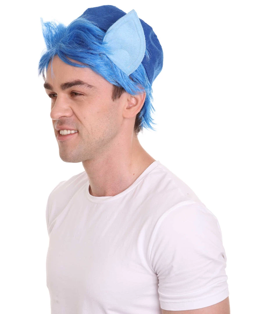 HPO Men's Medium Length Middle Part Blue Straight Wig With Blue Ears 3 HPO Men's Medium Length Middle Part Blue Straight Wig With Blue Ears