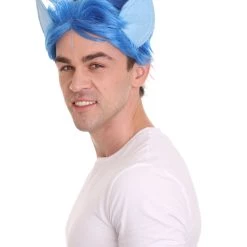 HPO Men's Medium Length Middle Part Blue Straight Wig With Blue Ears