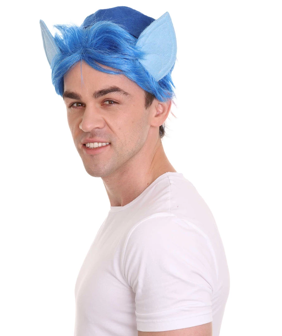 HPO Men's Medium Length Middle Part Blue Straight Wig With Blue Ears 1 HPO Men's Medium Length Middle Part Blue Straight Wig With Blue Ears