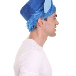 HPO Men's Medium Length Middle Part Blue Straight Wig With Blue Ears 13 HPO Men's Medium Length Middle Part Blue Straight Wig With Blue Ears