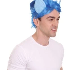 HPO Men's Medium Length Middle Part Blue Straight Wig With Blue Ears 14 HPO Men's Medium Length Middle Part Blue Straight Wig With Blue Ears